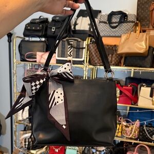 Furla Black Leather Shoulder Bag with Patterned Scarf